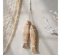 Fish Decoration, Pack of 2 Wooden Fish Decoration with String, Hand Carved Wooden Fish Hanging Decoration, Fishing Net Decoration, Wooden Fish for Maritime Decoration, Home Decoration (Large)