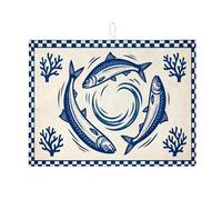 Fish Dish Drying Mats for Kitchen Counter, Blue Ocean Absorbent Dish Drainer Rack Mat, Coastal Microfiber Drying Pad for Kitchen Bar Protector 18x24 Inch