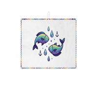 Fish Dish Drying Mats for Kitchen Counter, Colorful Ocean Design Absorbent Dish Drainer Rack Mat, Summer Nautical Microfiber Drying Pad 16x18 Inch