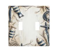 Fish Double Light Switch Cover Plate, Coastal Rustic Starfish Rope Summer Blue Plastic Standard Size Toggle Light Switch Cover for Home Living Room New Apartment Decor