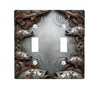 Fish Double Light Switch Cover Plate, Industrial Rustic Gears Water Ripples Silver Plastic Standard Size Decorative Wall Plates for Home Living Room New Apartment Decor
