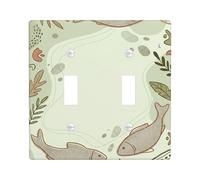 Fish Double Light Switch Cover Plate, Nature Organic Leaves Water Spring Green Plastic Standard Size Toggle Light Switch Cover for Living Room Bedroom Home Office Decor