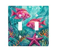 Fish Double Light Switch Cover Plate, Ocean Tropical Coral Starfish Summer Turquoise Plastic Standard Size Wall Switch Plates Accents for Home Living Room New Apartment Decor