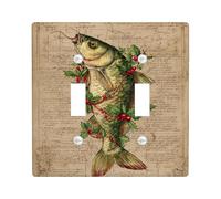 Fish Double Light Switch Cover Plate, Vintage Rustic Holly Berries Christmas Green Plastic Standard Size Toggle Light Switch Cover for Bedroom Bathroom Kitchen Entrance Decor