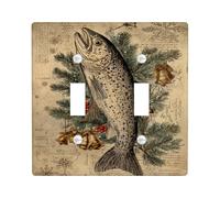 Fish Double Light Switch Cover Plate, Vintage Rustic Pine Bells Winter Brown Plastic Standard Size Decorative Wall Plates for Bedroom Bathroom Kitchen Entrance Decor