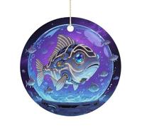 Fish Double-Sided Ceramic Christmas Ornaments - Round Hanging Mini Xmas Tree Decorations, Ideas for Farmers, Rustic Home Decor for Indoor Outdoor Tree Decor