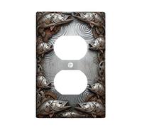 Fish Duplex Outlet Covers Wall Plate, Industrial Rustic Gears Water Ripples Silver Plastic Standard Size Face Plates for Electrical Outlets for Living Room Bedroom Home Office Decor