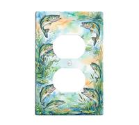 Fish Duplex Outlet Covers Wall Plate, Nature Watercolor Water Dragonfly Summer Green Plastic Standard Size Decorative Receptacle Outlet Covers for Bedroom Bathroom Kitchen Entrance Decor