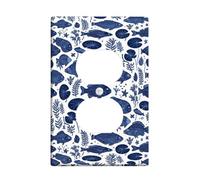Fish Duplex Outlet Covers Wall Plate, Nautical Coastal Water Lilies Seaweed Summer Navy Blue Plastic Standard Size Face Plates for Electrical Outlets for Bedroom Bathroom Kitchen Entrance Decor