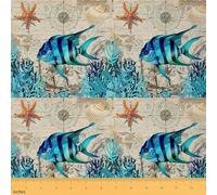 Fish Fabric by The Yard Kids Nautical Decorative Waterproof Outdoor Fabric for Boys Teens Ocean Themed Upholstery Fabric for Chairs Coralline Print Outdoor Fabric 1 Yard (L92*W150cm)