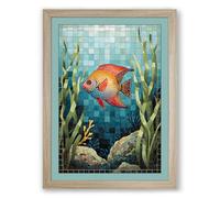 Fish in Mosaic Waters Coastal Framed Wall Art Print A2 (59.4×42cm) Oak, Wall Decor for Living Room, Bedroom, Office & Home, Ready to Hang, Art Gift