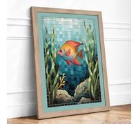 Fish in Mosaic Waters Coastal Framed Wall Art Print A2 Oak
