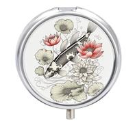 Fish Japanese Carp Lotus Leaves Flower Pill Box Small Round Pill Case Portable Travel Pill Container Multi-Functional Moisture Proof Metal Medicine Pill Organizer Box for Vitamins Fish Oil