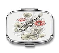 Fish Japanese Carp Lotus Leaves Flower Pill Organizer with 2 Compartments Metal Square Pill Case Small Pill Box Portable Medicine Box Slim Travel Pill Container Medicine Organizer for Daily Use