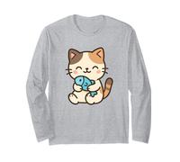 Fish Kawaii Cat Drawing. Cute Animal Artwork. Long Sleeve T-Shirt