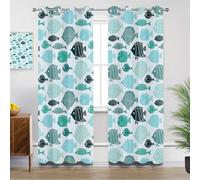Fish Kitchen Curtains for Windows - Green Nautical Kids Ocean Animal Fishing Blackout Eyelet Curtain 54 Drop, Short Curtains for Bedroom, W46 X D54, 2 Panels Drapes Home Decor