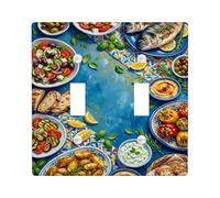 Fish Kitchen Double Light Switch Cover Plate, Mediterranean Rustic Lemon Salad Summer Blue Plastic Standard Size Switch Plate Decorative for Bedroom Bathroom Home Entrance Decor