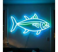Fish Neon Sign Dimmable Led Fish Sign for Wall Decor, Dimmable Blue Green Tuna Neon Light, USB Powered for Bedroom Living Room Restaurant Office Kitchen Decoration 16.95”x9.65”