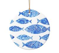 Fish Painting Print Ceramic Round Pendant,Festive Decoration for Home,Mall,Supermarket,Holiday Keepsake