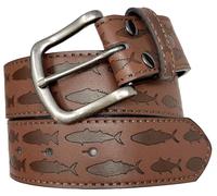 Fish Pattern Leather Belt Strap and Metal Buckle 1.5" Wide with Snaps - Ocean Lake River Fishing Angler Bass, Brown, X-Large (38-40)