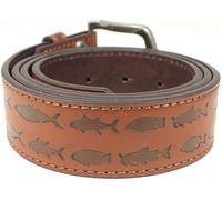 Fish Pattern Leather Belt Strap and Metal Buckle 1.5" Wide with Snaps - Ocean Lake River Fishing Angler Bass, Brown, Medium (30-32) US