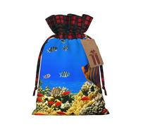 Fish Pattern Print Christmas Drawstring Linen Gift Bags Reusable Fabric Bags With Tags For Christmas Gifts