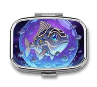 Fish Pill Box - 2 Compartment Travel Pill Organizer with Small Mirror, Portable Pillcase for Pocket & Purse, Cute Square Medicine Case, Weekly Medicine Container