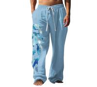 Fish Print Pants Linen Pants Men Summer 3D Print Side Pockets Sweatpants Elastic Drawstring Design Pant Straight Leg Trousers Lightweight Quick Dry Joggers Funny Graphic Trousers Sport Jogging Pant