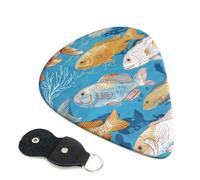 Fish Printed Guitar Picks, 6 Pack with Leather Keychain Pick Holder - 0.46mm, 0.71mm, 0.96mm Assorted Thickness for Acoustic Ukulele, Electric Guitar, Acoustic Guitar, Bass