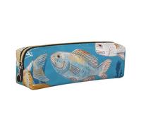 Fish Printed Leather Pencil Case Cute Stationery Organizer Simple Makeup Bag Pen Pouch, Gold Zipper