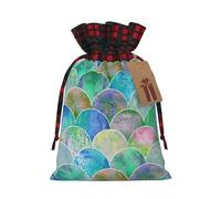 Fish Scale Ocean Wave Print Festive Plaid Gift Bag, Candy Bag, Drawstring Burlap Pouch For Holiday Presents Favor-M