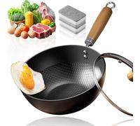 Fish Scale Pattern Flat Bottom Non-stick Pan - 5 Size, Carbon Steel Woks & Stir-Fry Pans Nonstick with Glass Lid, No Chemical Coated, Flat Bottom Hand Hammered for Induction & Gas Stoves (24cm)