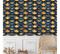 Fish Scale Style Peel and Stick Wallpaper 30CM×12M, Blue and Gold Fish Scale Pattern Patterned Self Adhesive Wallpaper Sticky Back Plastic Vinyl Film Contact Paper for Bedroom Kitchen Wall Cabinet