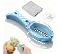 Fish-Shaped Potato Peeler with Container, Vegetable Peeler for Kitchen, Fruit and Veg Peeler Set with a Hook & Wire Dish Cloth, Speed Peeler Hand for Potatoes Carrot, Stainless Steel Blade, Sky Blue