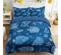 Fish Shells Starfish Bubbles Duvet Cover Illustration Ocean Minimal Line Art SOFT & BREATHABLE & FlULLY Summer Fresh Duvet Cover with Zipper Blue Bedding for Boys & Girls Queen 230 x 230