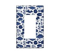 Fish Single Rocker Light Switch Cover, Nautical Coastal Water Lilies Seaweed Summer Navy Blue Plastic Standard Size Switch Plate Decorative for Home Living Room Bedroom Bathroom Decor