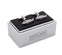 Fish Skeleton Silver-Tone Cufflinks, Novelty Fishbone Cuff Links for Anglers, Marine Biologists, Fishermen, Onyx Art CK10, In Premier Life Store Box