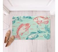Fish Soft Fleece Door Carpet Red Teal Fish Polyester Bath Rug Ocean Animal Non Slip Bath Mat Cartoon Cute Bathroom Floor Indoor Doormat Front Door,16X24 Inch