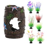 Fish Tank Decorations, Tank Accessories Aquarium Ornaments, Broken Barrel Cave Decor, Starfish Barrel x 1, Fish Tank Plants x 7, Fish Hideout Ornaments Aquarium Decor,Easy to Clean Fish Tank Decorati