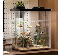 Fish Tank | Desktop Small Acrylic Fish Tank | Aquarium Starter Kits with Air Pump and Atmosphere Light | Modern Compact Transparent Tank with Artificial Flowers for Fish, Shrimp, Goldfishs
