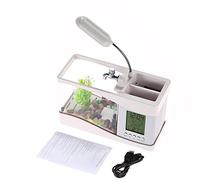 Fish Tank Mini USB Desktop Aquarium, 24x20x9.7cm, LED Lighting and LCD Clock Display - Adjustable LED Lights, Nature Sounds, Ideal for Office and Home Decor (white)