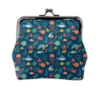 Fish Turtle Jellyfish Women's Leather Kiss-Lock Coin Purse,Double-Sided Full Print Pattern,Ultra-Fine Fiber Leather,Small Clutch Wallet for Cash,Cards,Coins