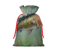 Fish with a Lure Printed Christmas Drawstring Bags,S Reusable Xmas Gift Storage Bags, Red Ribbon