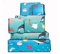 Fish Wrapping Paper - (x6) Sheets Children’s Gift Wrap - Kids Birthday - Turtle Shark Lobster - For New Baby Boy - Girl - Teal Blue - Recyclable - By Central 23
