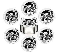 Fish Ying Yang Set of 6 Coasters Absorbent Ceramic Drink Mats with Cork Base & Metal Holder, Spill Protectors for Mugs/Cups, Cheerful Home/Bar Decor