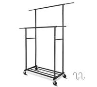 Fishat Portable Black Double Rods Garment Rack with Rolling Clothes Organizer on Lockable Wheels Mobile, 48" W x 15" D x 67" H, Metal Simple Hanging Clothes with 2 Hook