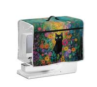 FishDing Black Cat Flower Field Sewing Machine Cover with Front Organizer Pocket,Transparent Side Sewing Machines Dust Cover,Protective Storage Case for Household Small Machines