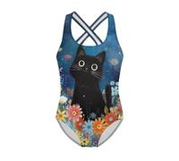 FishDing Black Cute Cat Girls One Piece Swimming Costume Age 11-12 Years Soft Lightweight Bathing Suit for Kids Comfort Fit Swimming Costume for Beach,Seaside