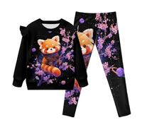 FishDing Sweatsuit and Yoga Pants Set Girls 2Pcs Tracksuit Outfit Red Panda Cherry Flower Print Fall Winter Long Sleeve Pullover Spot Cartoon Pattern Stretchy Trousers for Toddler Kids 5-6t