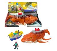 Fisher-Price Imaginext Jurassic World Rebirth Aquachomp Chase Mosasaurus 18-inch Dinosaur Toy with 3-inch Action Figure, Launcher Boat & 2 Projectiles, JFR23